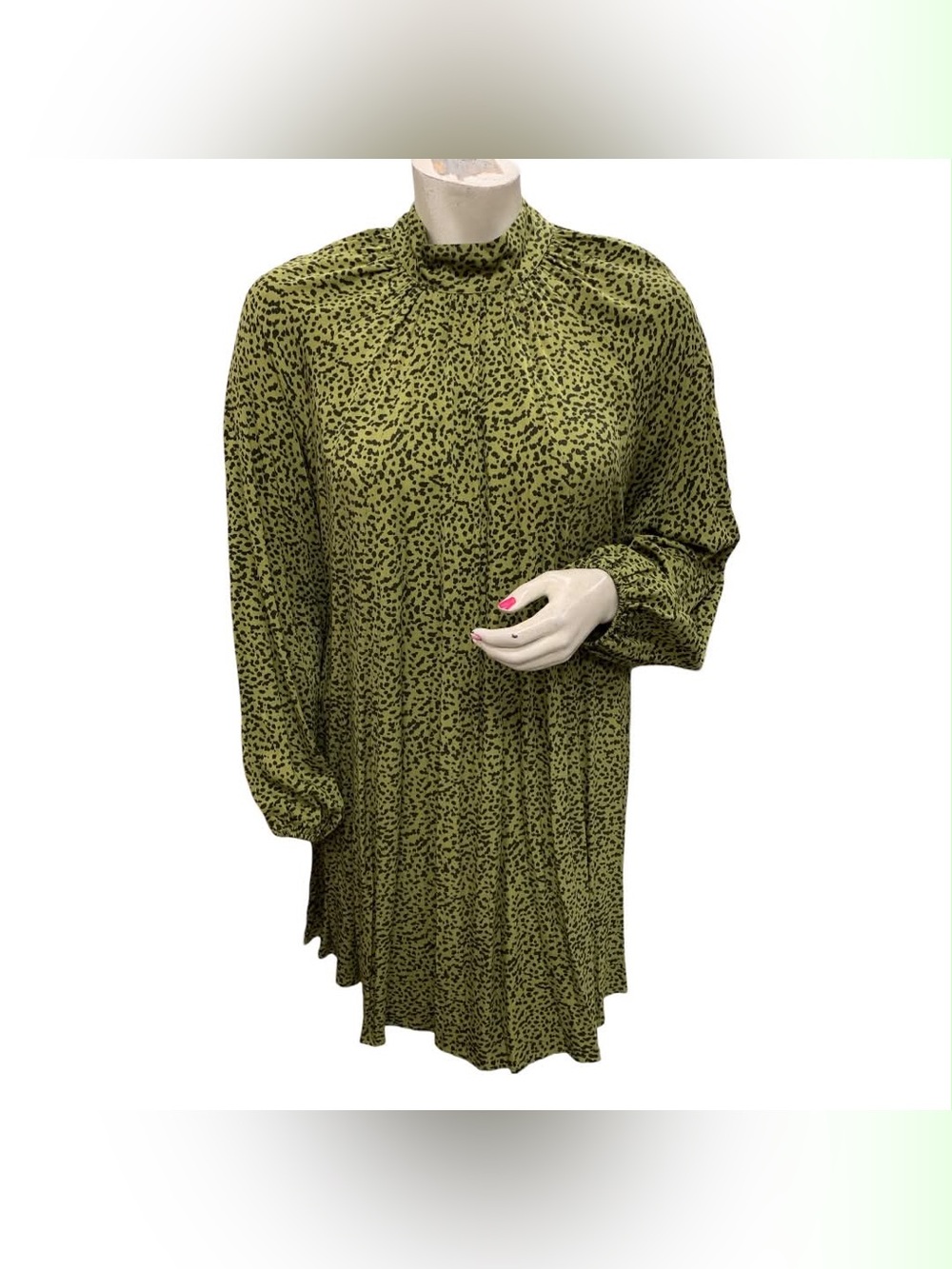 H&M Olive Green and Black Printed Long Sleeve Dress S12